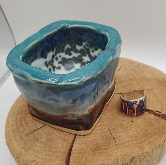 Studio Pottery Signed Desert Landscape Moon Rock Art Kurinuki Square Bowl Vessel - Picture 3 of 11